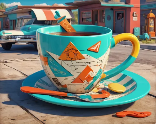 low poly coffee,teacups,retro diner,tea cups,blue coffee cups,cat drinking tea,tea cup,cup,coffee cups,teacup,coffee cup,cups of coffee,cup and saucer,a cup of tea,teal and orange,coffee mugs,tea cup fella,coffee tea illustration,cup of tea,cups,Illustration,Retro,Retro 12