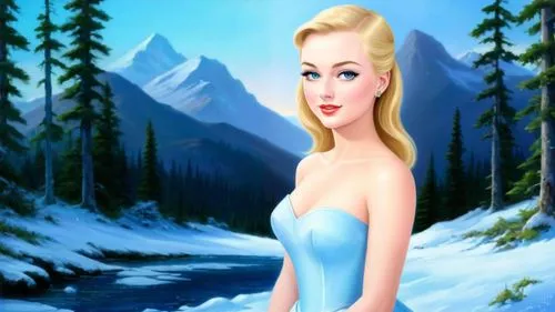 Romantic masterpiece oil painting, cute girl portrait, nostalgic 1950's style kitsch, breathtaking beautiful frozen tundra landscape, majestic fantasy Alaskan wilderness scenery, evening lighting, hig