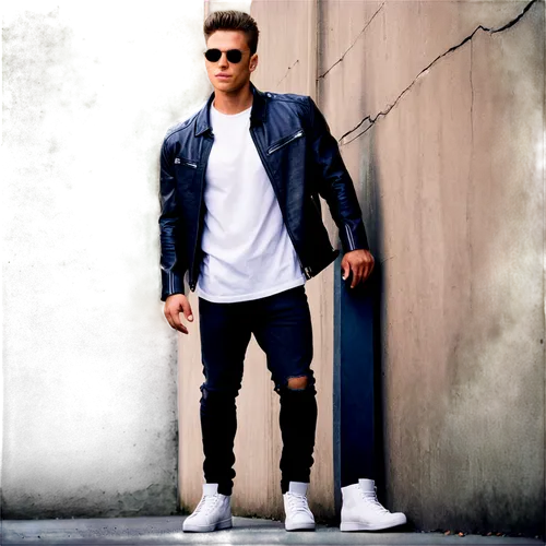 Cool male, stylish hair, shades, strong facial features, muscular build, black leather jacket, white shirt, ripped jeans, boots, confident posture, leaning against wall, urban background, low-angle sh