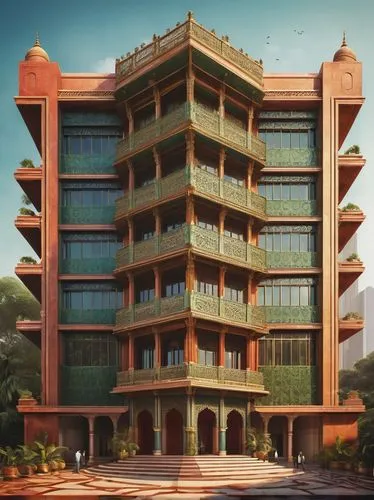 Modern architecture, Indian-style building, competition scene, 2017, grand auditorium, sleek lines, glass facade, steel beams, marble floors, ornate pillars, vibrant colors, intricate carvings, bustli