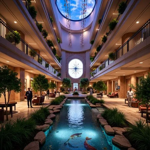 Luxurious casino hotel, curved modern architecture, grand atrium lobby, marble floors, ornate chandeliers, lavish furnishings, vibrant neon lights, exotic tropical plants, serene water features, koi p