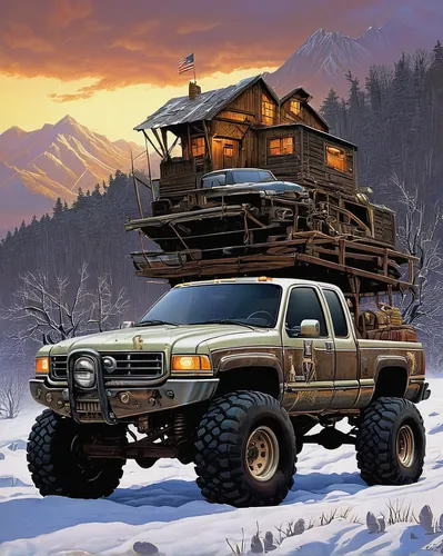 Imagine a post-apocalyptic world where survivors rely on a heavily modified lifted truck to navigate through dangerous terrains.,log truck,expedition camping vehicle,dodge power wagon,log home,toyota 