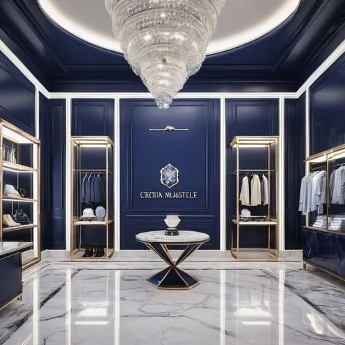 walk-in closet,navy blue,navy,boutique,blue room,interior design,luxury home interior,luxury accessories,luxury bathroom,dressing room,royal blue,showroom,interior decoration,closet,versace,mazarine blue,beauty room,concierge,hallway space,women's closet,Illustration,Realistic Fantasy,Realistic Fantasy 45