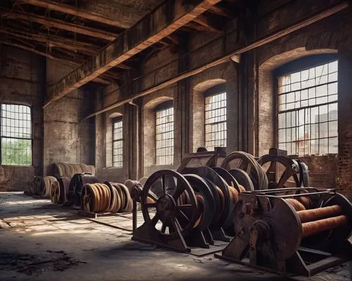 Yarn architecture, abandoned textile factory, old wooden machinery, rusty metal beams, worn stone walls, dim natural light, dusty air, nostalgic atmosphere, vintage industrial aesthetic, detailed text