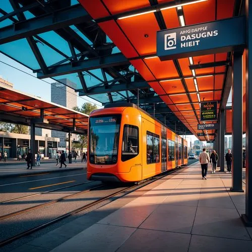 Vibrant tram station, bold color schemes, contrasting hues, dynamic lighting effects, futuristic architecture, sleek metal beams, polished concrete floors, modern signage systems, electronic displays,