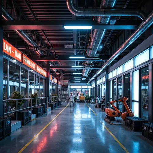 Industrial factory interior, fusion of modern materials, exposed ductwork, metallic beams, polished concrete floors, reflective glass surfaces, sleek metal railings, neon signage, vibrant color accent