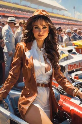 a woman in leather riding attire carrying a horse,nascar,motorboat sports,race car driver,larson,pace car,talladega,Digital Art,Impressionism