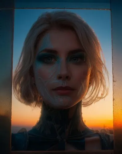 a woman wearing makeup and a face painted white,glass window,henna frame,lens reflection,cirta,ciri,framed,Photography,General,Fantasy