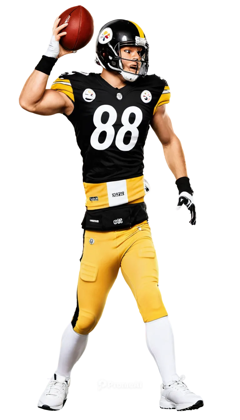 Pittsburgh Steelers, American football player, helmet with logo, muscular arms, black jersey with white numbers, gold pants, athletic shoes, running, jumping, throwing ball, confident expression, inte