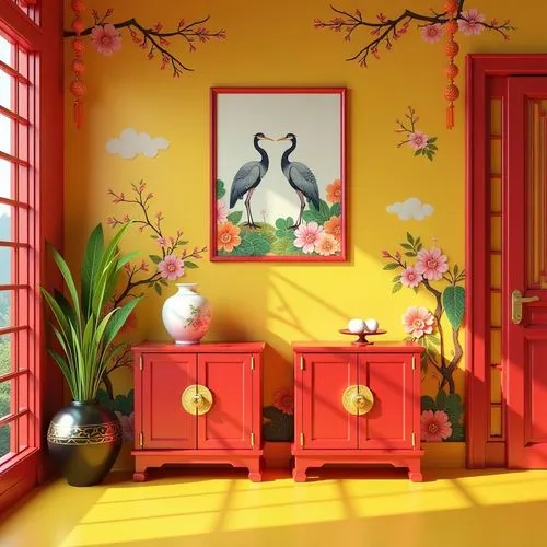 The image depicts a brightly colored room with an Oriental aesthetic. The walls are adorned with a yellow wallpaper featuring a detailed floral and bird design, including pink and white blossoms, gree