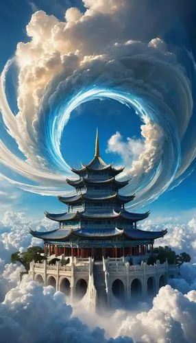 asian architecture,skyflower,fantasy picture,shenlong,cloud formation,cloud image,Conceptual Art,Fantasy,Fantasy 11