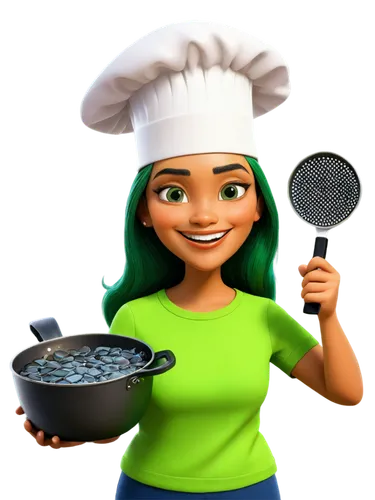 Crawdad, cartoon style, humorous expression, green skin, big eyes, smiling face, fish scales, fins on head, chef hat, holding frying pan, sizzling food, kitchen utensils, messy kitchen background, war