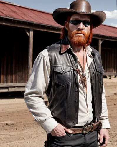 red-haired man wearing a leather eyepatch over his left eye only and dressed as a wild west outlaw in black clothes with white shirt. Standing outside in a Midwestern field.,gunfighter,merle black,dro