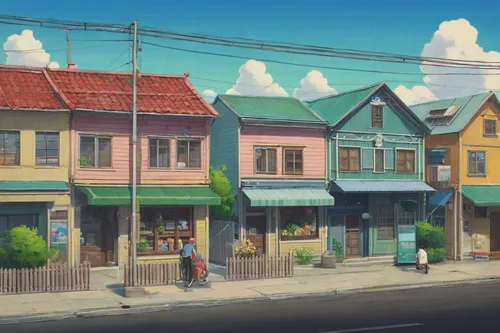 watercolor shops,wooden houses,convenience store,watercolor cafe,flower shop,neighborhood,studio ghibli,townhouses,seaside country,watercolor tea shop,store fronts,apartment house,neighbourhood,row of houses,row houses,soap shop,ice cream shop,seaside resort,suburb,grocery,Illustration,Abstract Fantasy,Abstract Fantasy 17