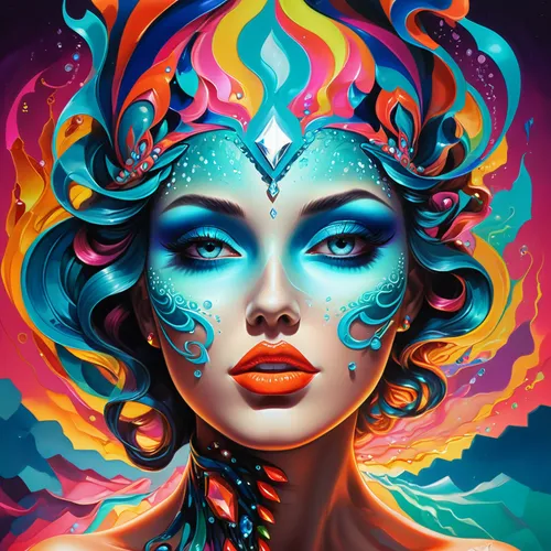 Crea la imagen de una mujer muy guapa en el estilo de pintura de diamante, combinado con el estilo neon. Toma surrealista y fantasiosa.,psychedelic art,neon body painting,fantasy art,fantasy portrait,