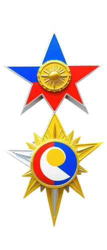 Philippines flag colors, golden yellow sun, eight rays, five-pointed star, blue skies, white equilateral triangle, dynamic pose, 3D emblem, metallic finish, intricate details, national symbol, centere