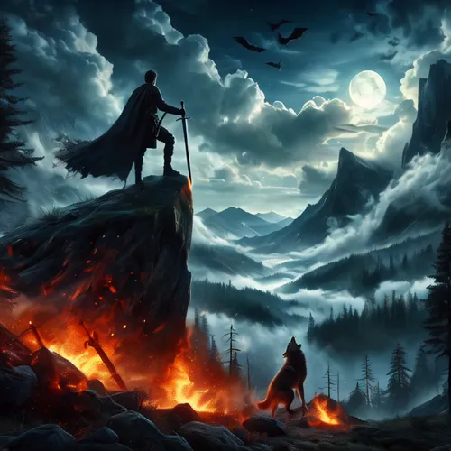 fantasy picture,heroic fantasy,fantasy art,the night of kupala,fantasy landscape,massively multiplayer online role-playing game,fire background,world digital painting,fire mountain,guards of the canyo