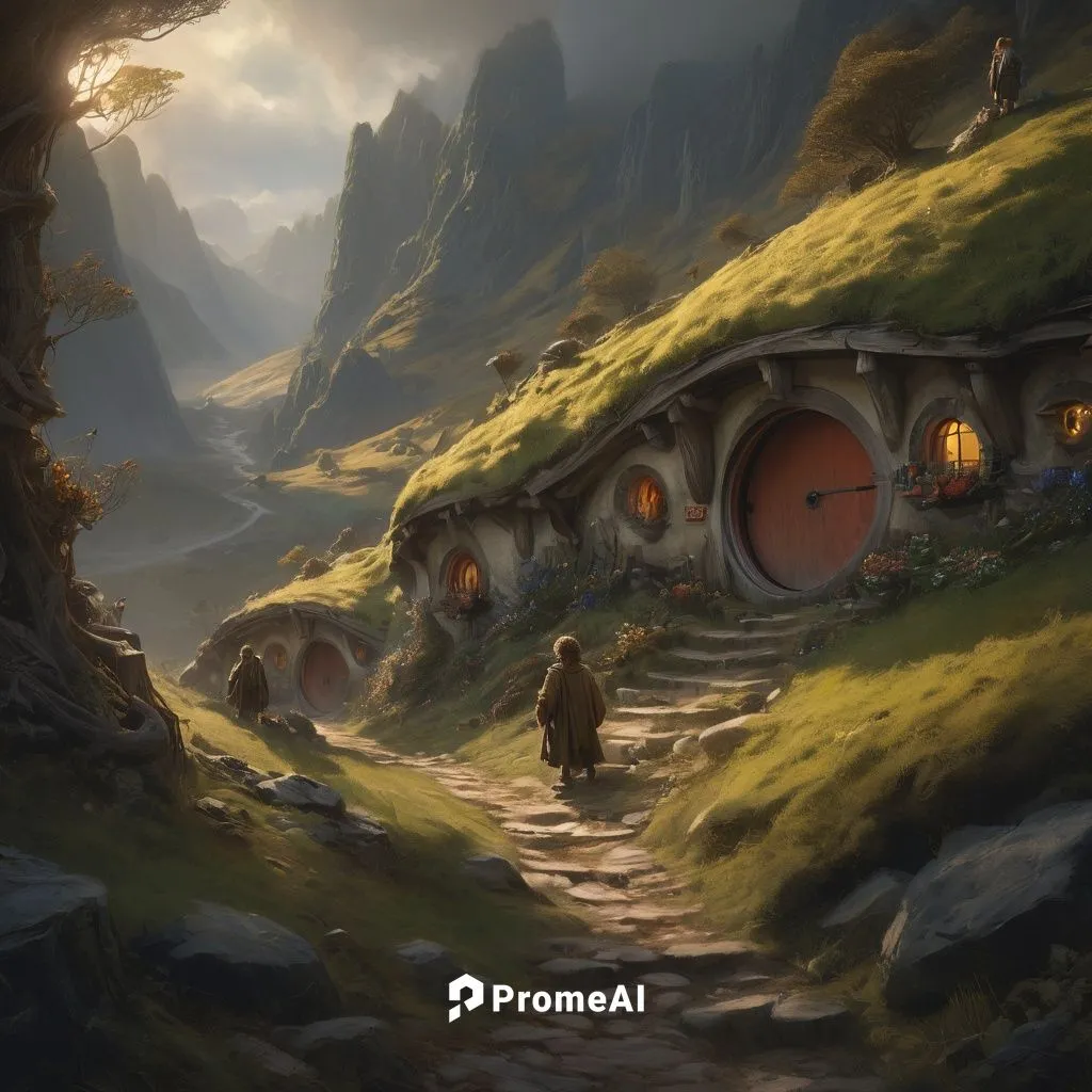 Una comarca de hobbits,hobbiton,hobbit,hobbits,nargothrond,alpine village,mountain settlement,ithilien,fantasy landscape,boardinghouses,erebor,riftwar,mountain village,gondolin,mountain huts,elves cou