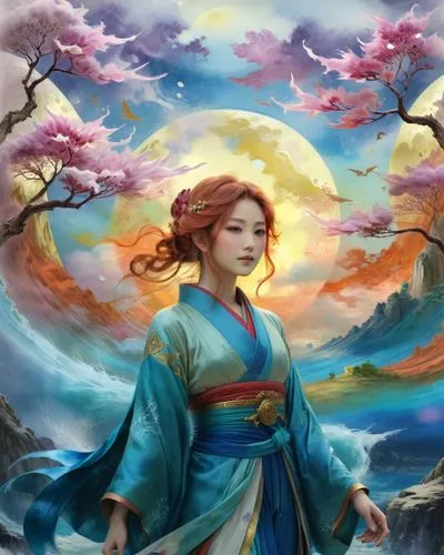 japanese art,a woman is standing in the water wearing a blue and red kimono,sanxia,jianyin,rongfeng,chuseok,xixia,tianxia,Illustration,Realistic Fantasy,Realistic Fantasy 01