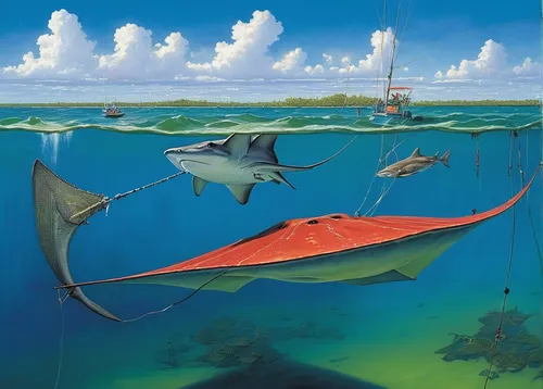 pterodactyls,wide sawfish,anodorhynchus,sawfish,manta rays,remora,acanthorhynchus tenuirostris,swordfish,constellation swordfish,pterosaur,marine reptile,manta ray,lissotriton,philomachus pugnax,hammerhead,chroicocephalus ridibundus,bronze hammerhead shark,ray-finned fish,anas platyrhynchos,manta,Conceptual Art,Sci-Fi,Sci-Fi 21