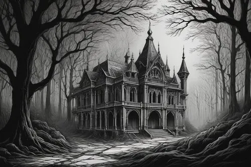 the haunted house,haunted house,witch house,haunted castle,ghost castle,witch's house,creepy house,haunted cathedral,hauntings,ravenloft,gothic style,house in the forest,dark gothic mood,old victorian,victorian house,abandoned house,haunts,haunted,gothic,haunted forest,Illustration,Realistic Fantasy,Realistic Fantasy 07