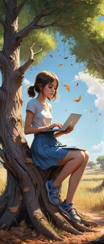 background,girl with tree,little girl reading,girl studying,world digital painting,the girl next to the tree,sci fiction illustration,child with a book,bookworm,reading,girl picking apples,girl in the