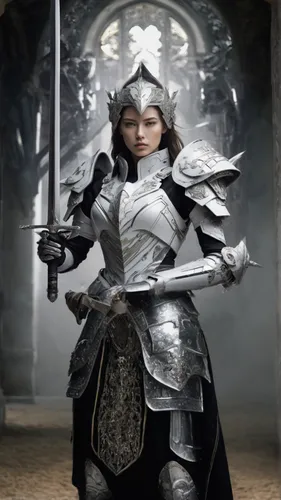 female warrior,joan of arc,knight armor,swordswoman,warrior woman,paladin,silver,crusader,armored,sterntaler,templar,shuanghuan noble,fantasy warrior,cuirass,armor,mulan,imperial coat,huntress,jaya,ar