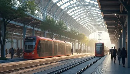 Tram station, Gainsboro color, modern architecture, steel framework, glass roof, clean lines, urban setting, morning commute, rush hour, people walking, train arriving, metal tracks, concrete platform