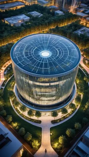 Modern Data Center, MDM architecture, futuristic building, sleek lines, metallic materials, LED lights, glass facade, circular structure, central courtyard, water feature, surrounded by trees, urban l