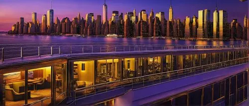 Modern NYC architecture, luxury cruise ship, Hudson River waterfront, sunset time, golden light reflecting off the glass windows, sleek metal railings, grand staircase, lavish interior design, upscale