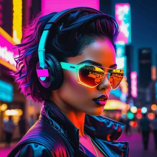 cyberpunk,retro music,retro woman,neon,music background,retro girl,headphone,headphones,aviators,muzik,retro styled,neon light,wireless headset,headset,neon colors,listening to music,cyber glasses,cyberpunks,neon lights,nightshades,Conceptual Art,Sci-Fi,Sci-Fi 28