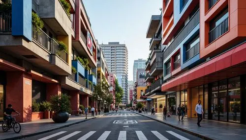 Vibrant cityscape, eclectic postmodern buildings, bold color blocking, irregular shapes, fragmented forms, mixed materials, steel beams, exposed ductwork, neon signs, bustling streets, urban density, 