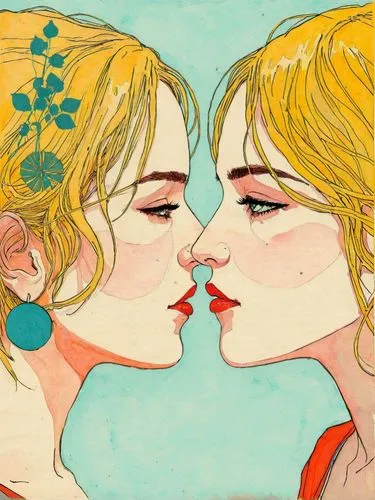 Two women who are fond of each other.,a painting of two women sharing a kiss,girl kiss,kissing,wlw,besos,kissed,vintage illustration,Illustration,Paper based,Paper Based 19