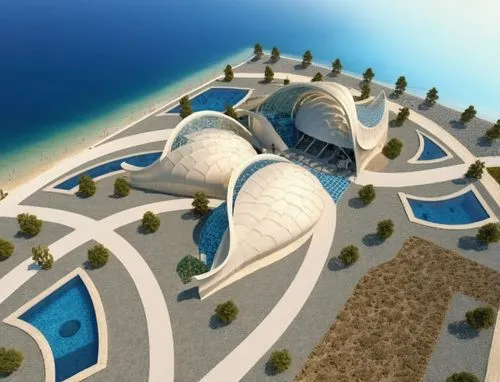 The youth center has blue glass and white plaster of curved shells.,an artistically rendered drawing of a beachfront convention center,lusail,3d rendering,aldar,islamic architectural,arcology,sketchup