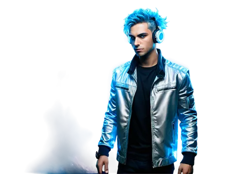 DJ, male, futuristic cyberpunk, neon glowing headphones, messy blue hair, silver jacket, leather pants, high-tech DJ console, flashing LED lights, smoke effect, low-angle shot, dramatic spotlight, int