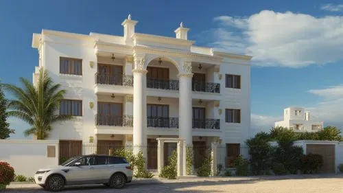 a white car is parked in front of an elaborate building,residencial,djerba,jerba,massawa,baladiyat,fresnaye,holiday villa,townhouses,berbera,casitas,baidoa,3d rendering,inmobiliaria,banjul,mogadishu,n