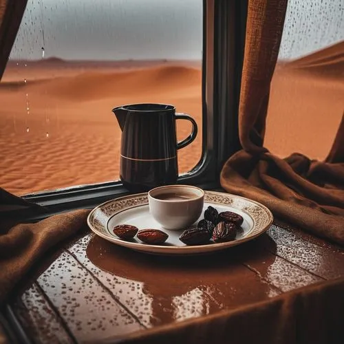 فنجان قهوة سعوديه مع صحن تمر في جوء شبه مغيب مع مطر في خيمه في الصحراء,arabic coffee,libyan desert,marocchino,merzouga,dubai desert,capture desert,namib desert,desert,wadirum,wadi rum,sahara desert,go