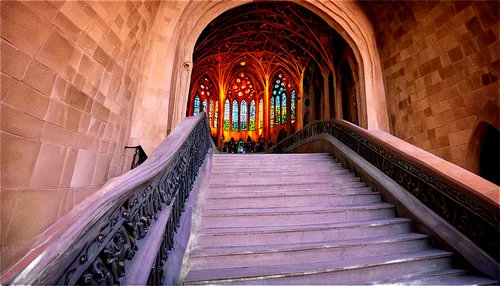 Sagrada Familia, Gaudí architecture, Gothic style, intricate stone carvings, grand staircase, ornate ceilings, stained glass windows, warm lighting, 3/4 composition, shallow depth of field, soft focus