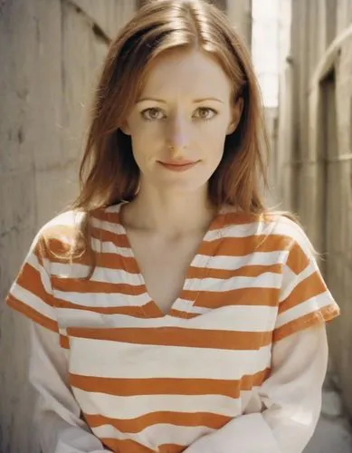 in a shirt,horizontal stripes,british actress,orange,striped background,stripes,hollywood actress,nora,actress,raggedy ann,female hollywood actress,pippi longstocking,striped,piper,cotton top,orange color,freckles,adorable,white shirt,bright orange,Photography,Analog