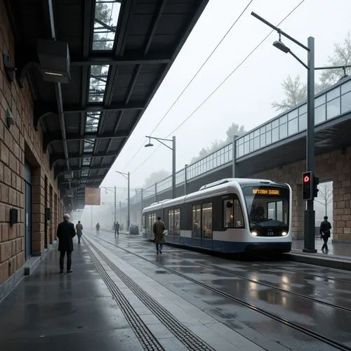 Modern tram station, sleek glass roofs, stainless steel frames, polished concrete floors, minimalist design, urban atmosphere, natural stone walls, industrial chic lighting, foggy morning mist, shallo