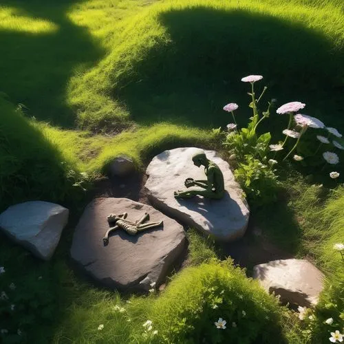 a fossilized figure sits in the middle of a lush green meadow, surrounded by blooming flowers. In the background, a lone angry elf grazes on the rocks. The sun's rays filter through the leaves above, 