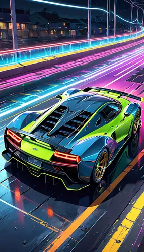 Futuristic car race track enclosed by walls, neon lights pulsating rhythmically along the perimeter, sleek futuristic vehicles streaking across the tarmac, intricate gear mechanisms visible upon the c