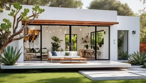 Modern minimalist small house, one-story, flat roof, white walls, large windows, sliding glass doors, wooden accents, cozy patio, lush greenery, succulents, modern outdoor furniture, geometric shape, 