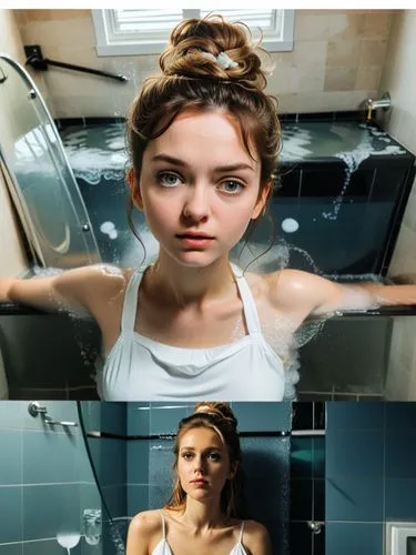 4-part comic page with the theme ‘a shy and shameless girl taking a bath’ including speech and thought bubbles.,two pos in a box of women in a sink,the girl in the bathtub,bathtub,tub,soapsuds,margair