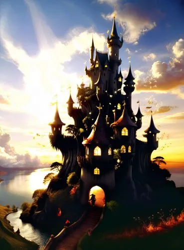 a fairy castle with light in the windows,gold castle,fairy tale castle,fantasy world,fantasy city,asheron,dusk background,Illustration,Realistic Fantasy,Realistic Fantasy 02