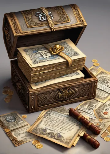 treasure chest,card box,moneybox,pirate treasure,collected game assets,poker set,attache case,music chest,gold bullion,treasures,savings box,paper money,eight treasures,cashbox,index card box,money case,gift box,collectible card game,magic grimoire,wooden box,Conceptual Art,Fantasy,Fantasy 27