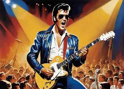 Elvis Presley, male, iconic hairstyle, sunglasses, leather jacket, blue jeans, white shirt, guitar, microphone, spotlight, stage, concert, energetic performance, enthusiastic crowd, rock and roll, 195