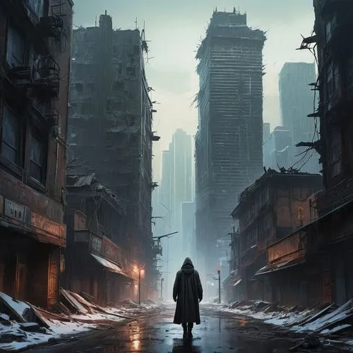 syberia,cyberpunk,destroyed city,dystopian,kowloon city,post apocalyptic,Illustration,Realistic Fantasy,Realistic Fantasy 25