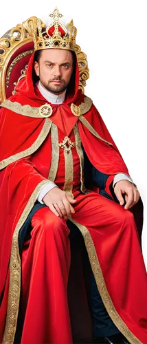 medieval king, solo, (40yo), strong facial features, short beard, crown on head, luxurious cloak, golden accessories, red velvet robe, ornate throne, powerful pose, regal atmosphere, dramatic lighting