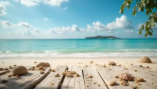 Warm sandy shores, crystal-clear turquoise waters, driftwood accents, sea salt textures, ocean breeze, sunny day, soft warm lighting, shallow depth of field, 3/4 composition, panoramic view, realistic